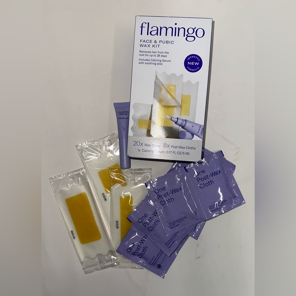 Flamingo Face & Pubic Wax Kit | 20 Strips, 8 Post-Wax Cloths & Calming Serum